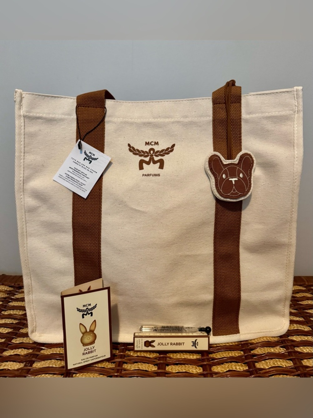 MCM Canvas Tote in Cream with Brown Straps & pup charm